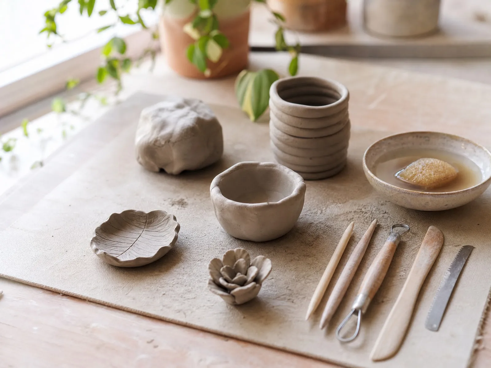 Small hand-built clay pots, a leaf dish and a clay flower beside sculpting tools