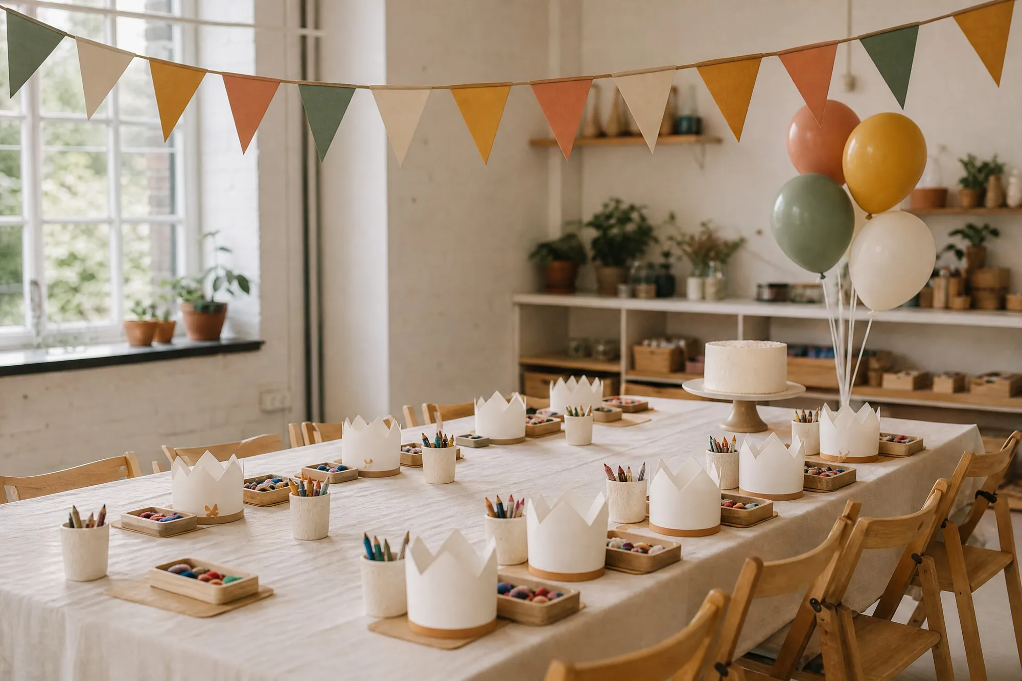 A long craft table set for a birthday party, with paper crowns, crayons, bunting and balloons in terracotta, sage and mustard